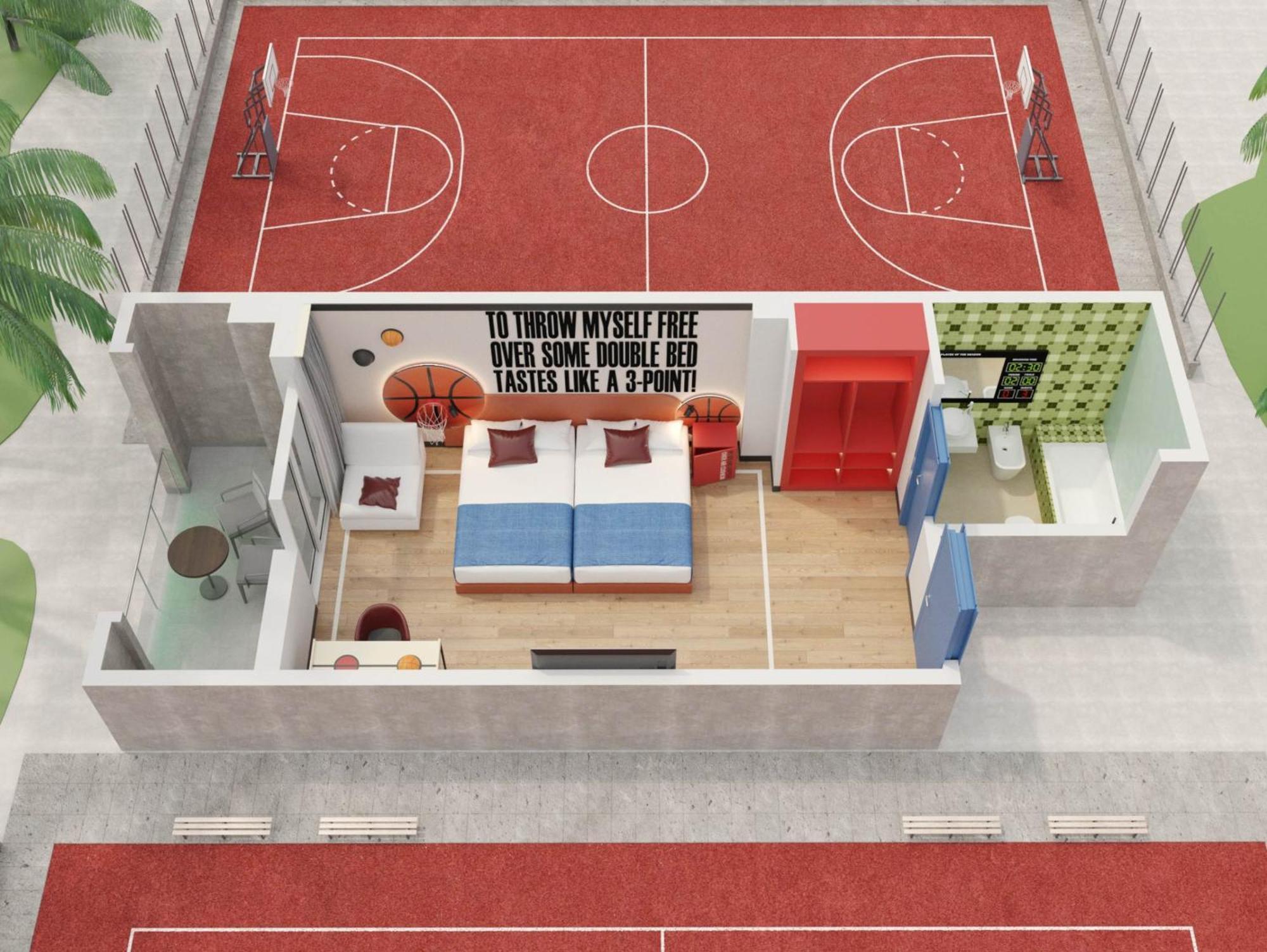 Habitación cuádruple Slam Dunk con vistas a la piscina y temática de baloncesto